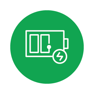 A green circle icon of a battery charging