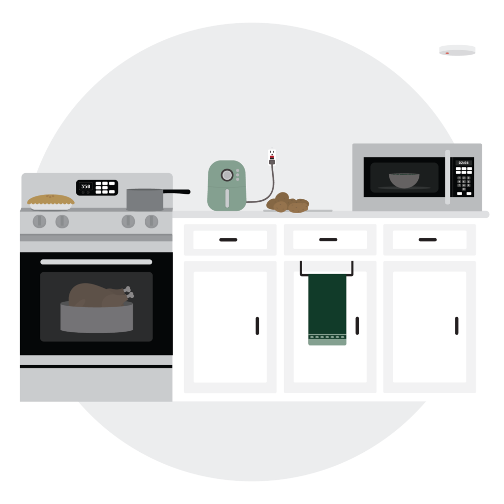 Illustration of a kitchen with an oven, stovetop, and microwave. A turkey is roasting in the oven, and a pie is on the stovetop. A mixer and potatoes are on the counter. A green towel hangs from a white cabinet. A smoke detector is on the ceiling.