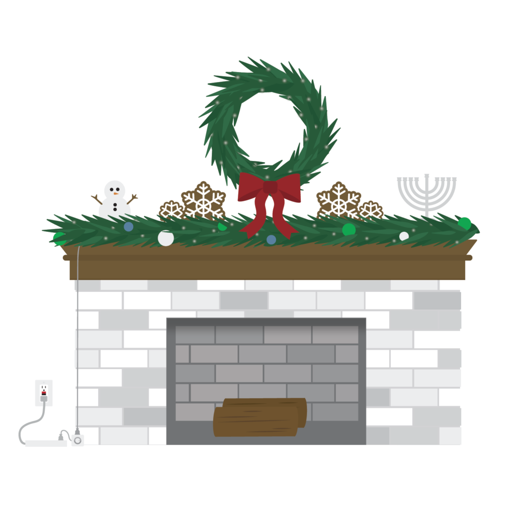 A white brick fireplace decorated with a green garland, wreath, and red bow. Snowflake cutouts, a menorah, and ornaments adorn the mantel. An electrical outlet with a plug is visible on the left side.