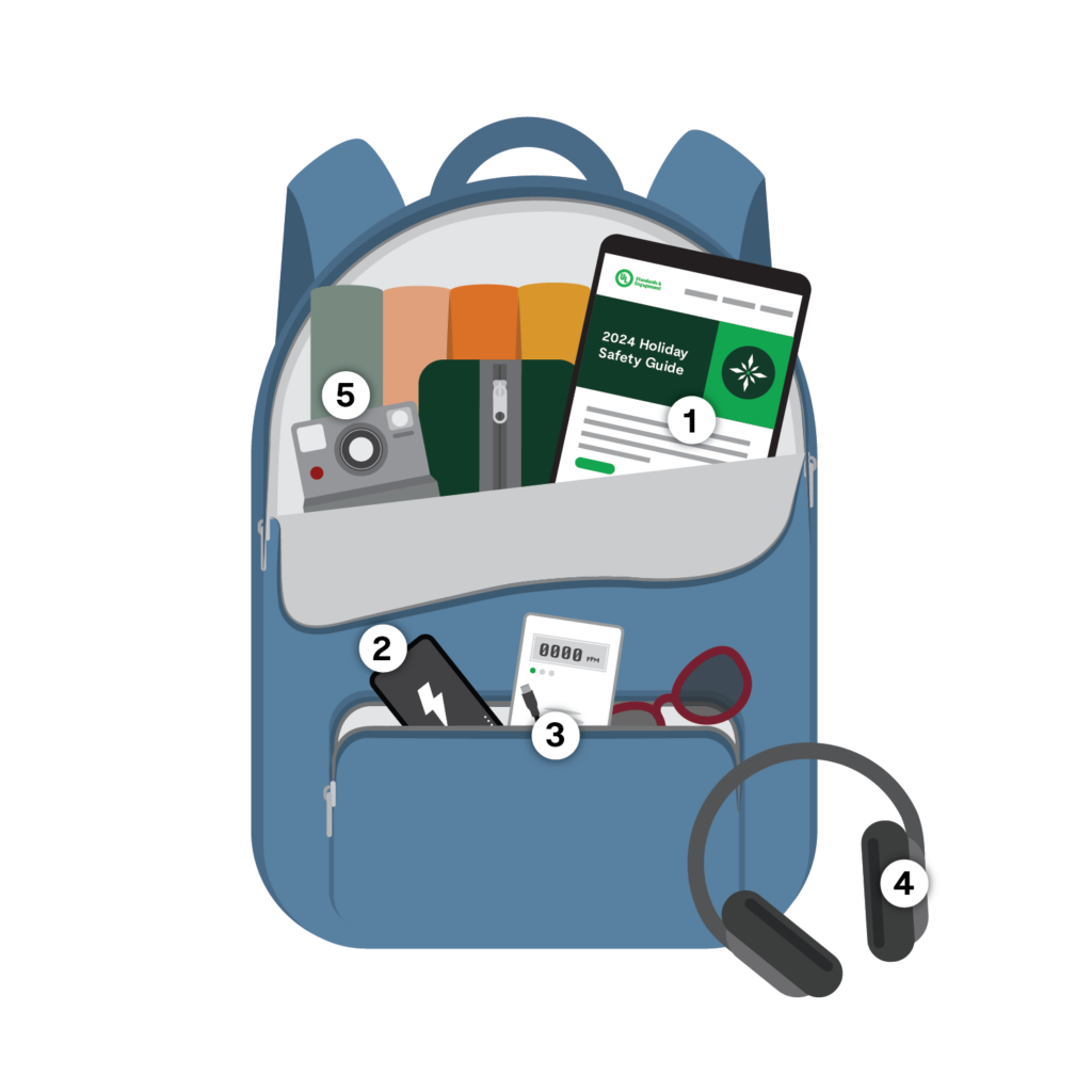 Illustration of an open backpack. An iPad, charger, headphones, a camera, and a notepad is visible.